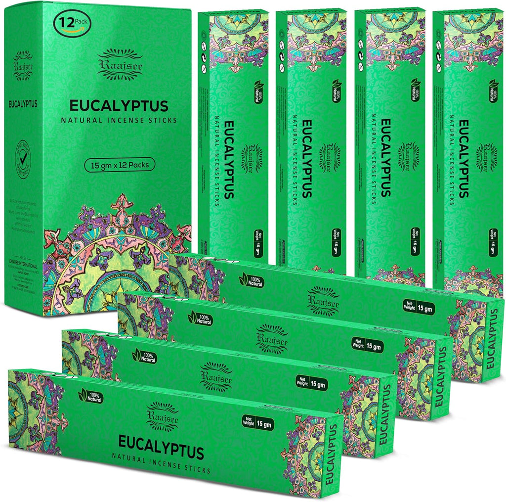 Raajsee Eucalyptus Incense Sticks (15 GMS x 12 Pack), 100% Pure Organi