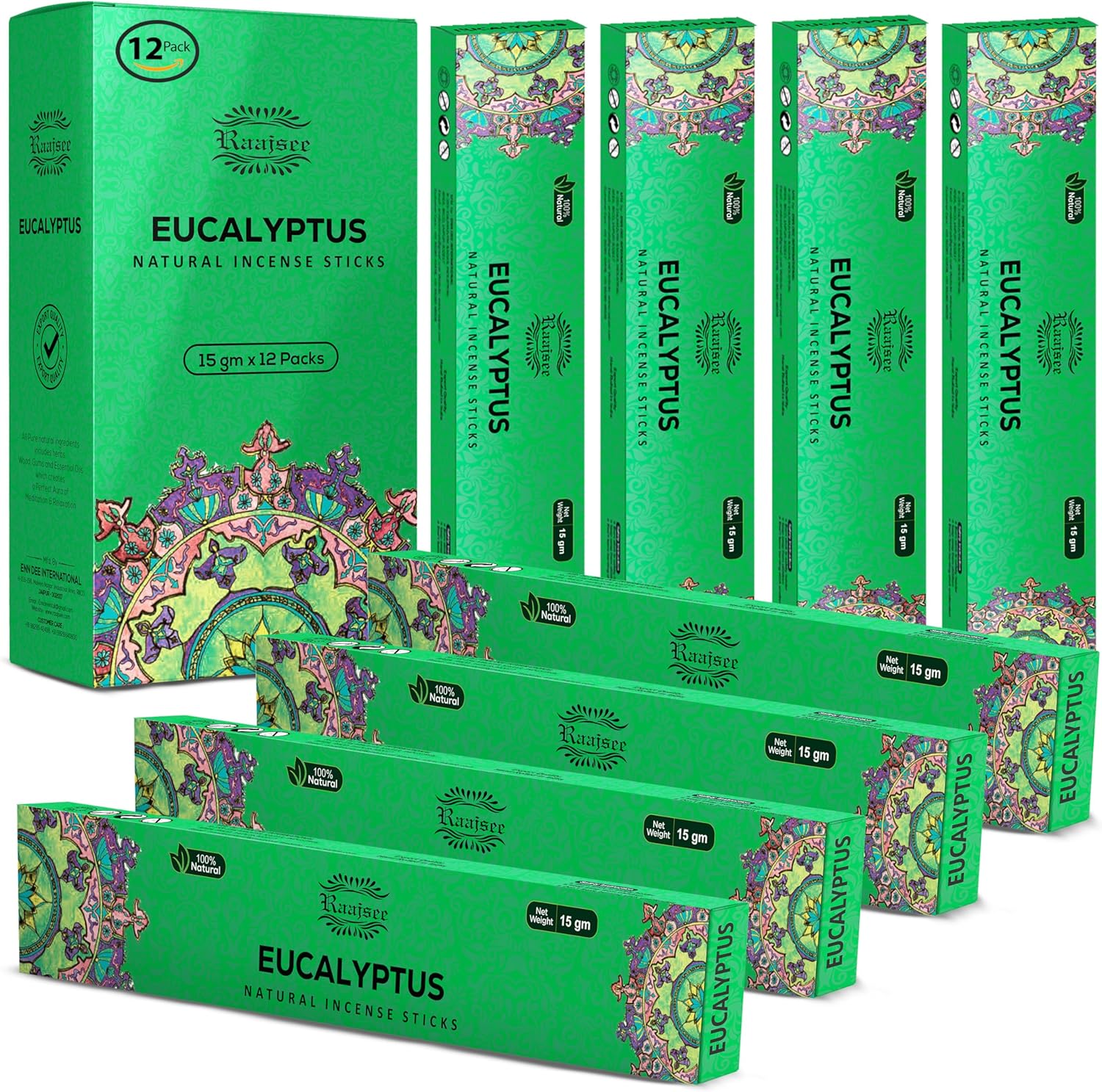 Raajsee Eucalyptus Incense Sticks (15 GMS x 12 Pack), 100% Pure Organi